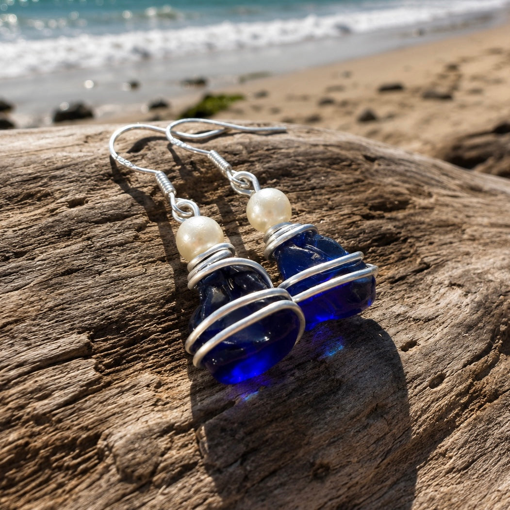 Deep Kent Blue Sea Glass Stud Earrings