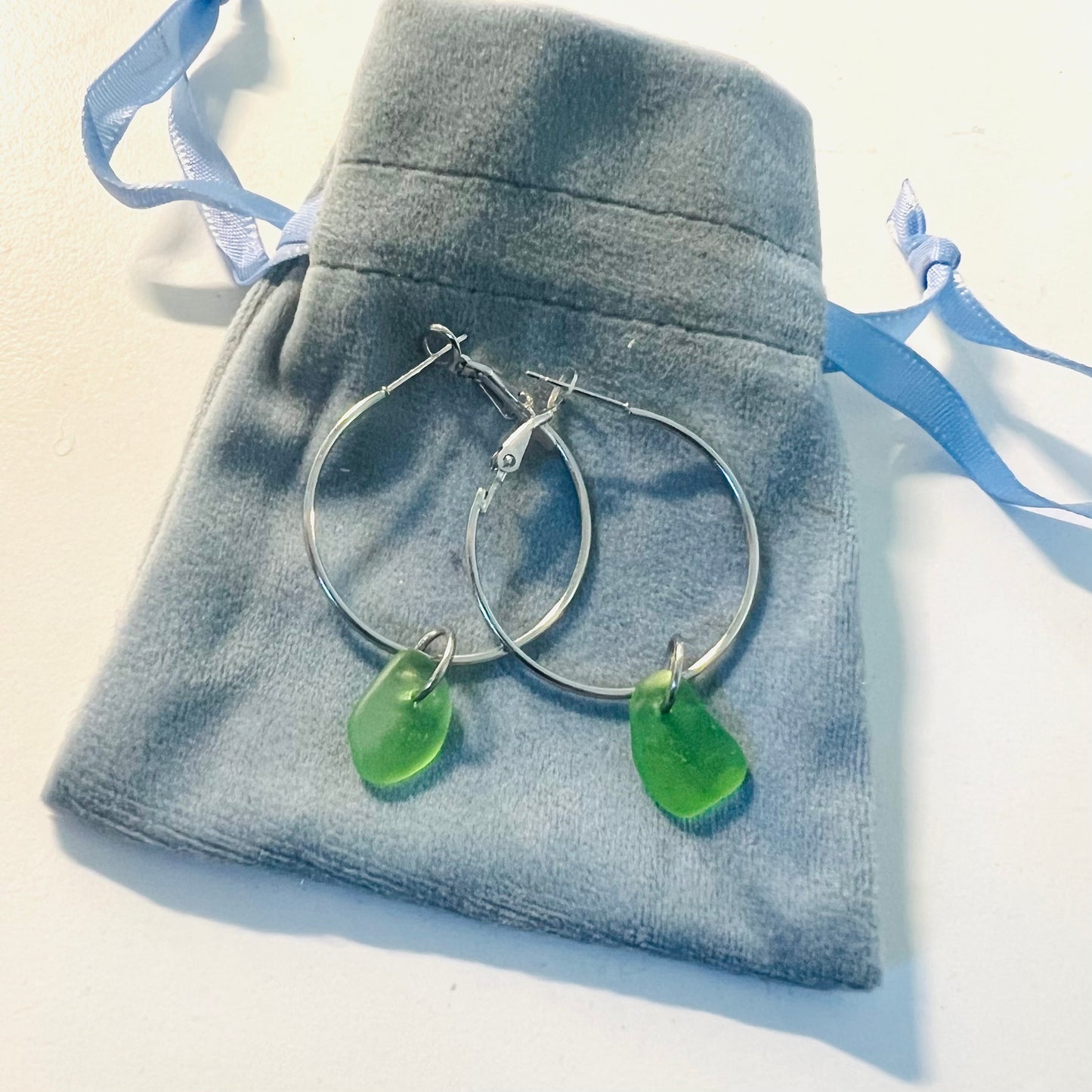 Bright Green Cornish Sea Glass Hoop Earrings