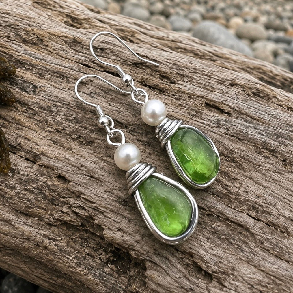 Bright Green Seaham Sea Glass Earrings