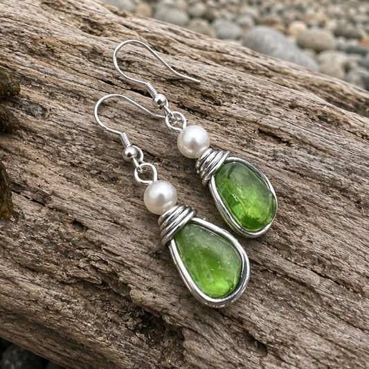 Bright Green Seaham Sea Glass Earrings