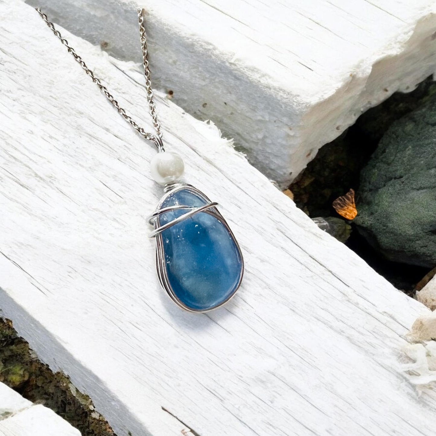 Large Dusky Blue Seaham Sea Glass Pendant