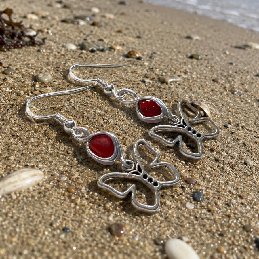 Rare Red Seaham Sea Glass Butterfly Charm Earrings