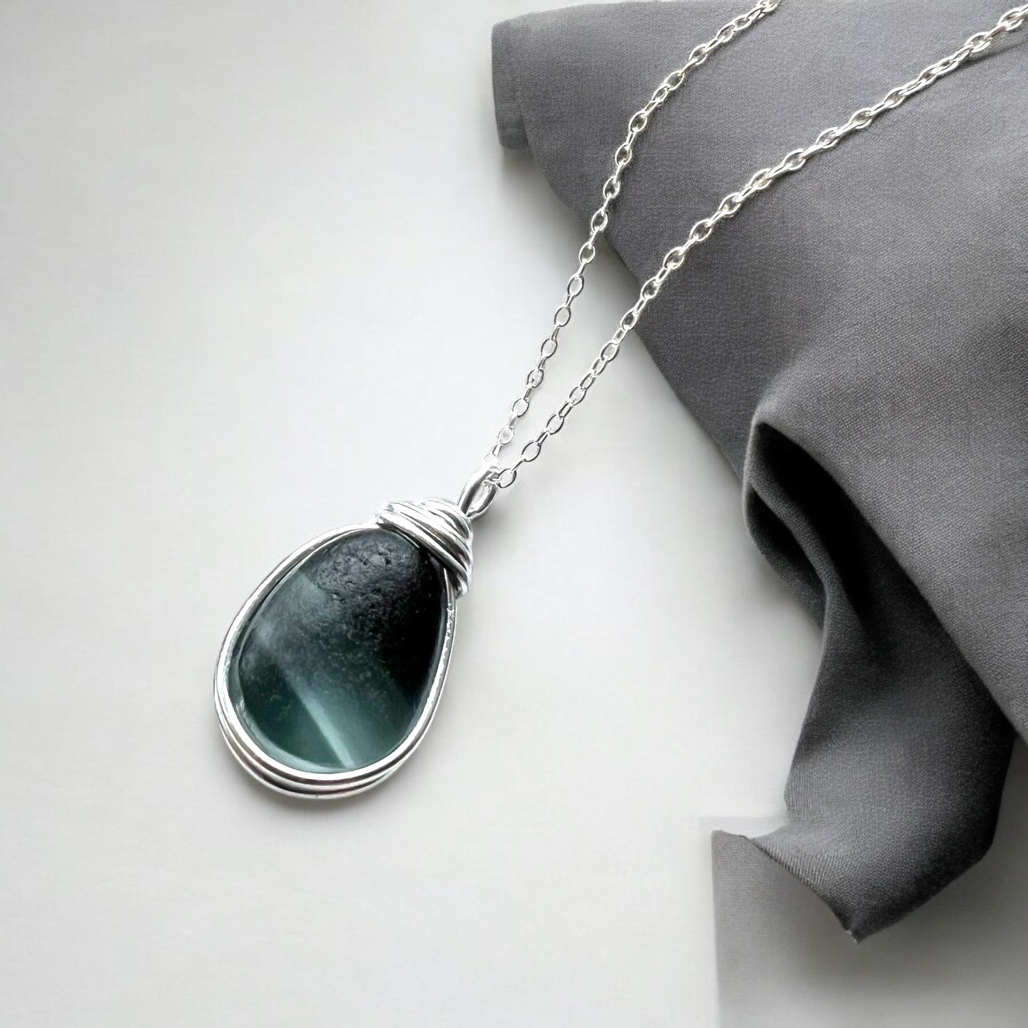 Rare Large Grey and Black Multi Tone Seaham Sea Glass Pendant