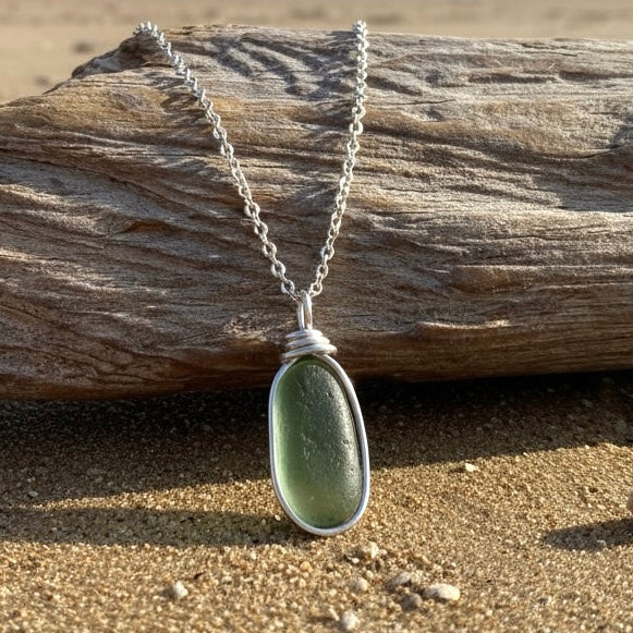 Pale Green Cornish Sea Glass Heart Pendant