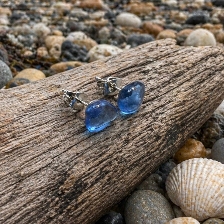 Blue Sea Glass Stud Earrings