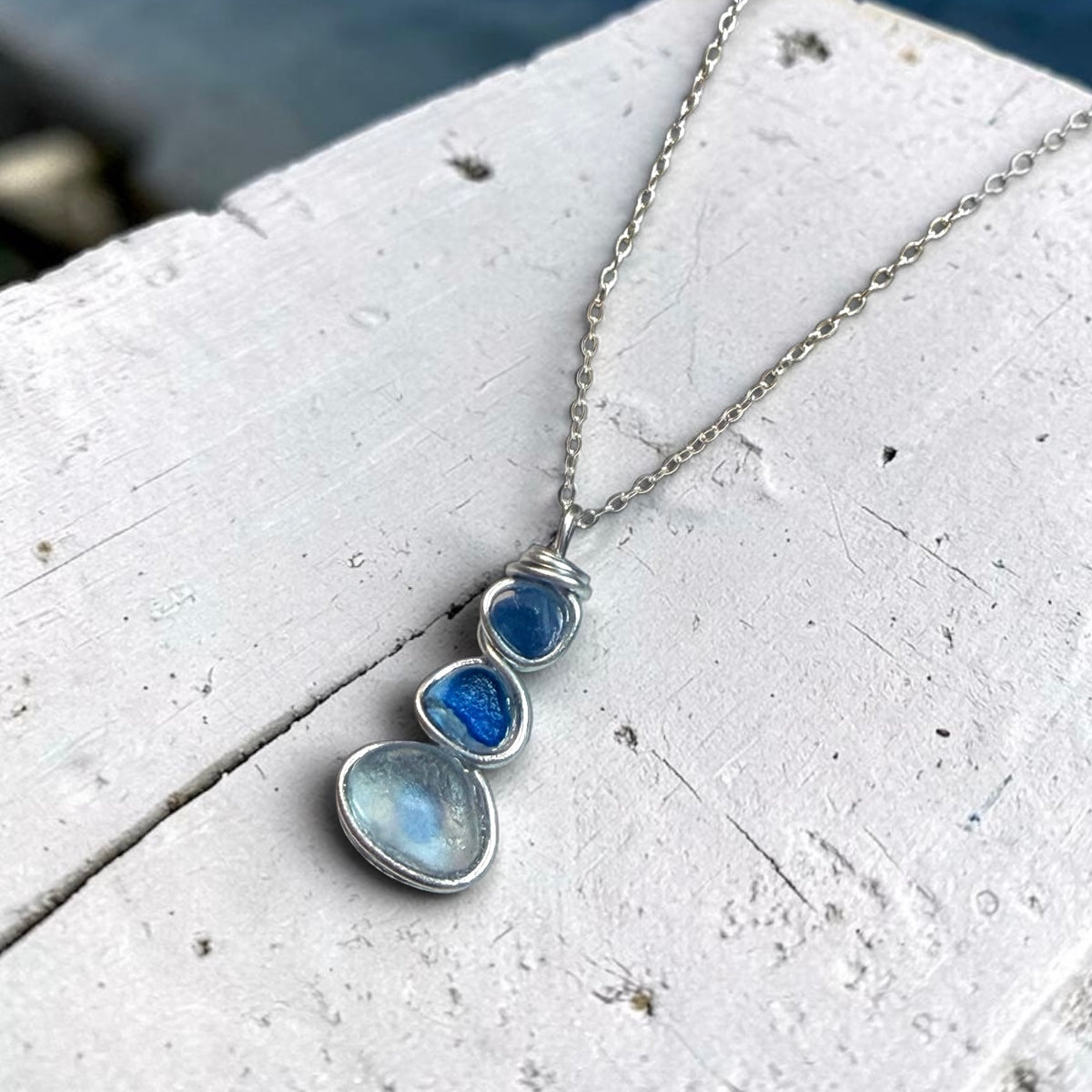 Blue Three Piece Seaham Sea Glass Pendant