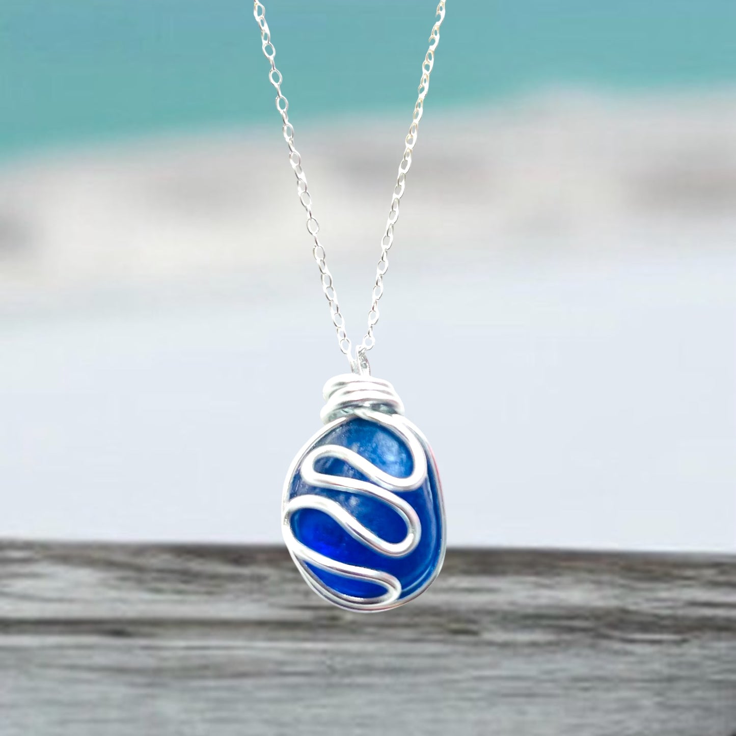 Cobalt Blue Seaham Sea Glass Waves Pendant