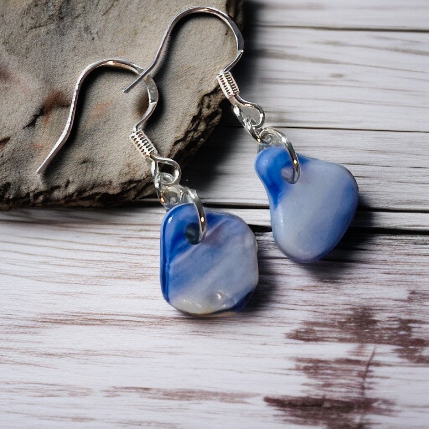 Blue and White Milky Seaham Sea Glass Earrings