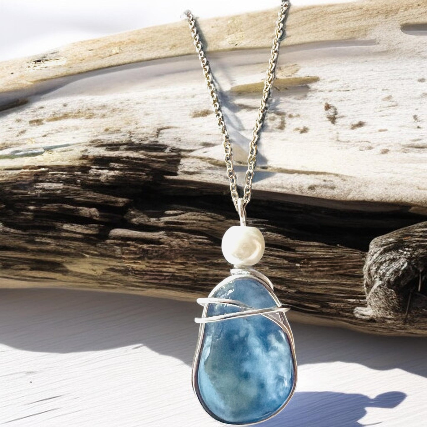 Large Dusky Blue Seaham Sea Glass Pendant