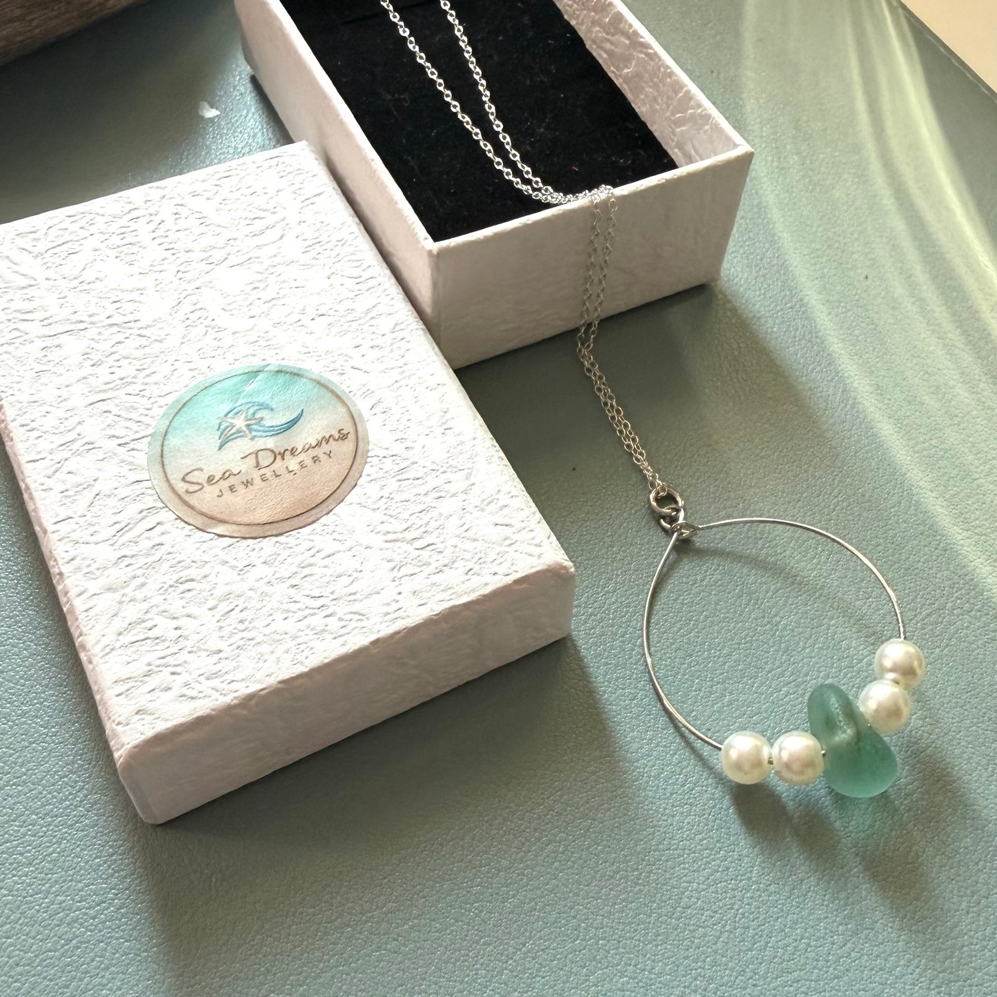 Large Aqua Seaham Sea Glass Frame Pendant