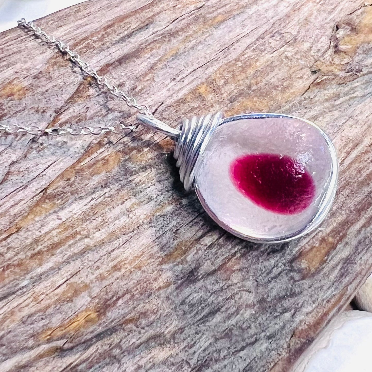Large Pink & White Seaham Sea Glass Multi Pendant