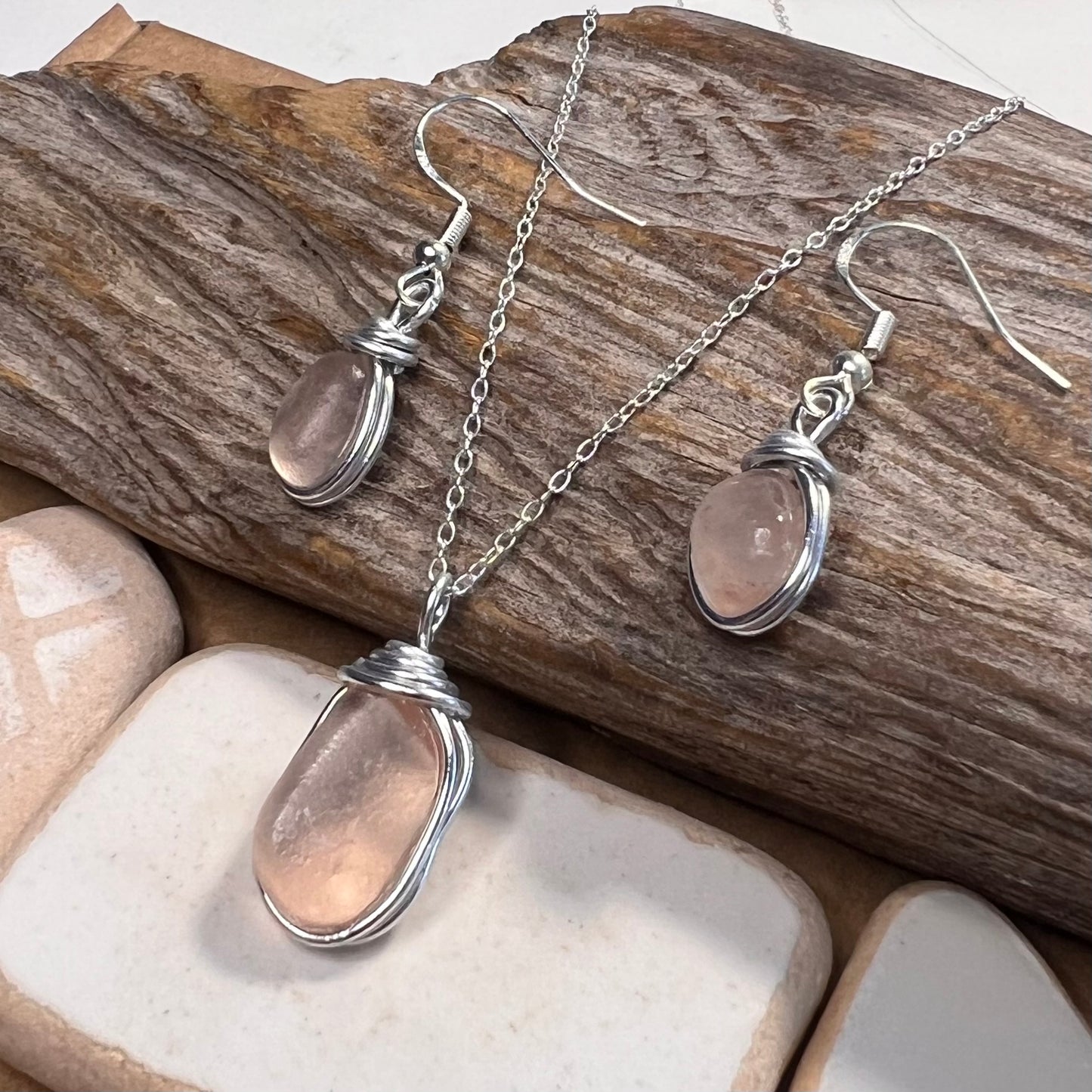 Pale Peach Pink Seaham Sea Glass Jewellery Set