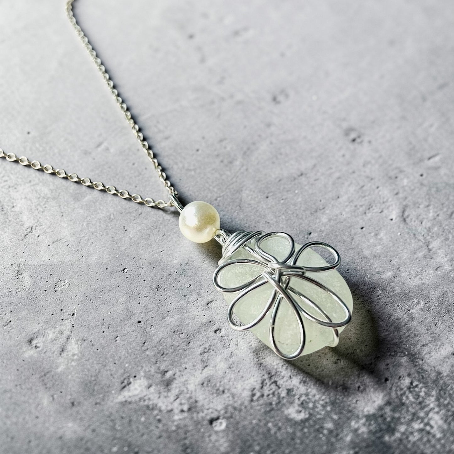 Frosty White Sea Glass Flower Pendant