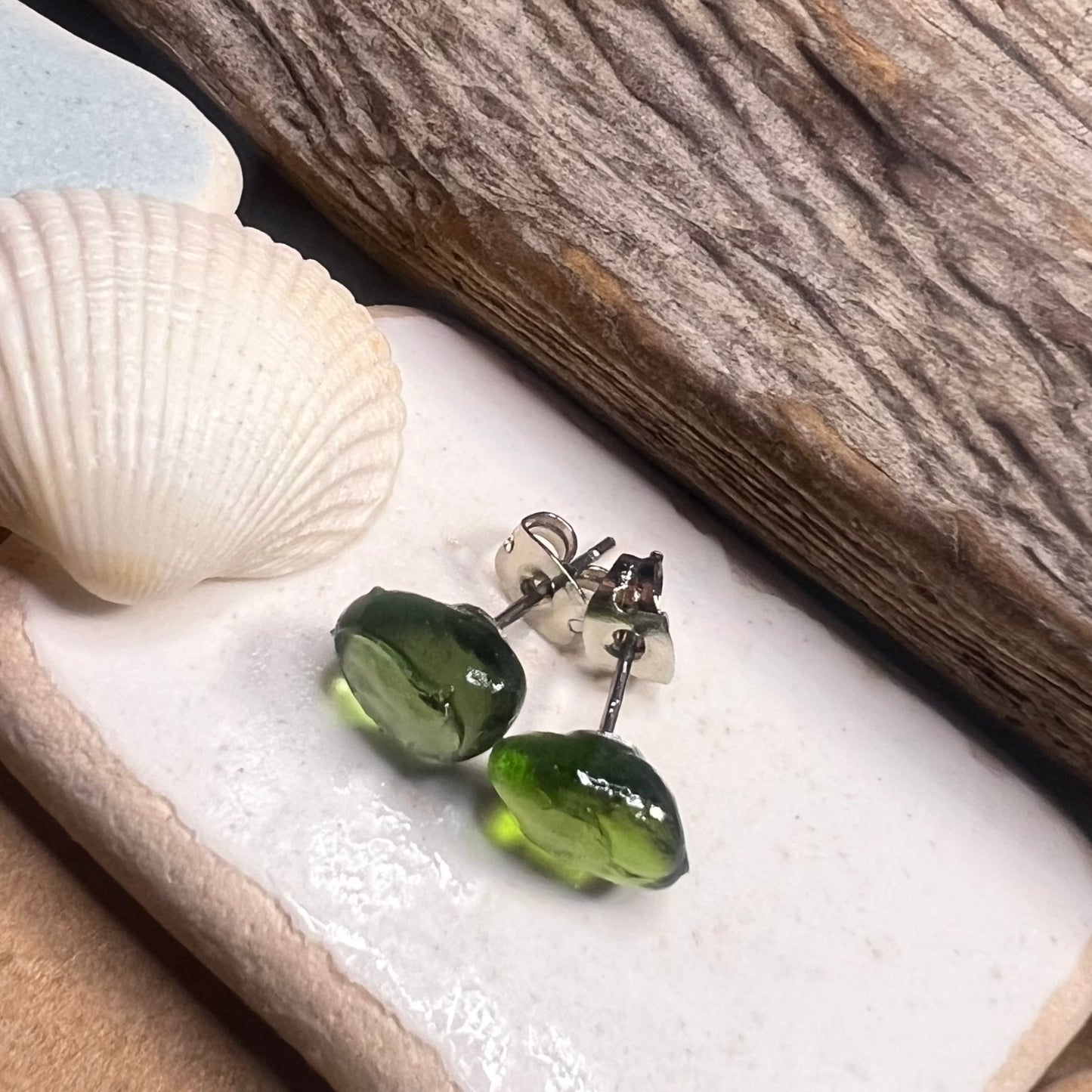 Green Seaham Sea Glass Stud Earrings