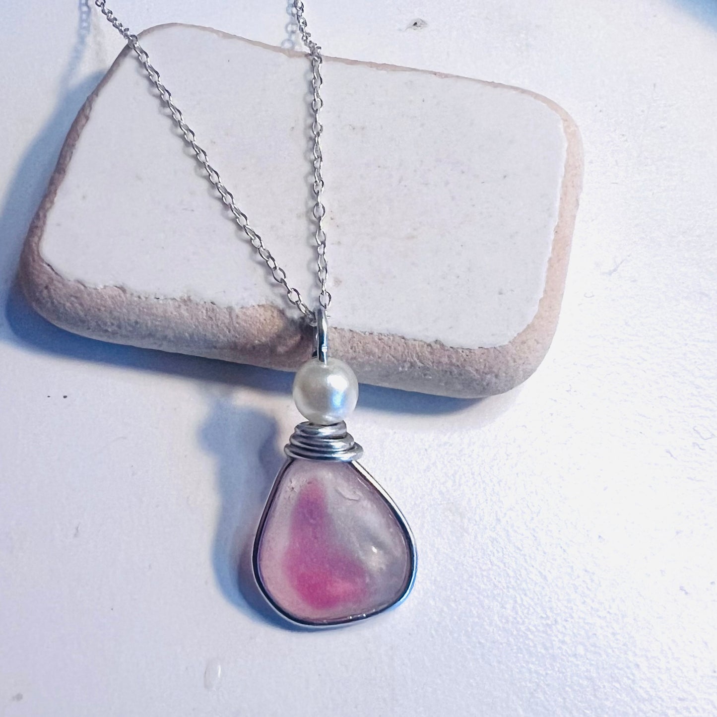 Pink & White Seaham Sea Glass Multi Pendant