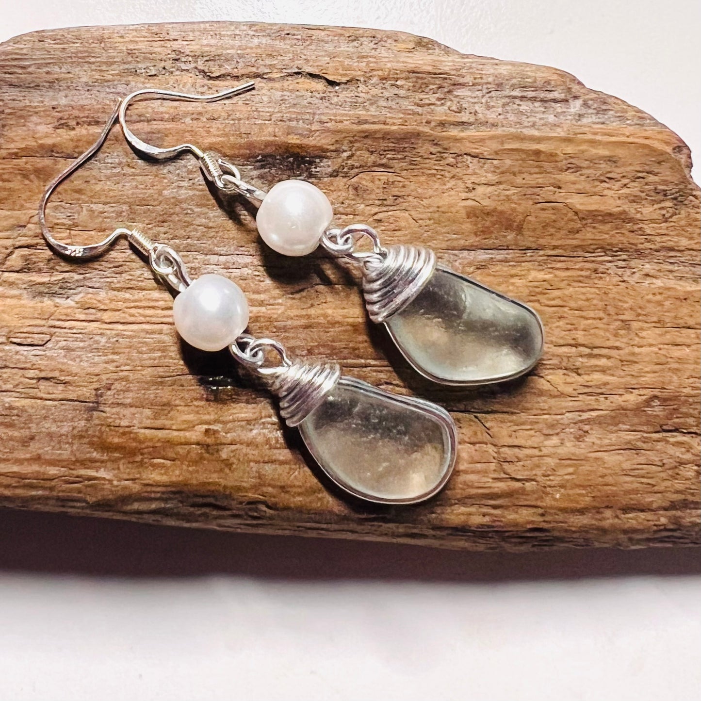 Sea Glass & Pearl Glass Bead Long Drop Earrings