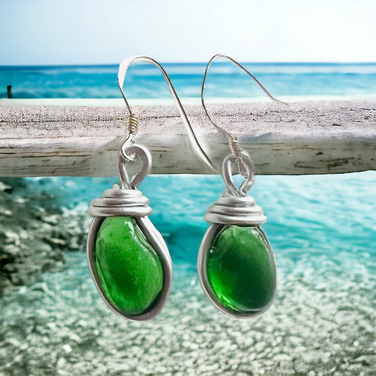 Green Cornish Sea Glass Earrings