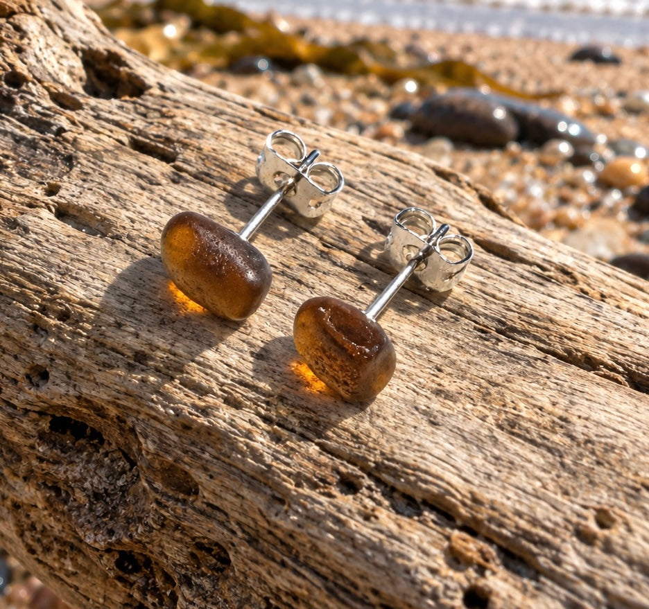 Brown Seaham Glass Stud Earrings