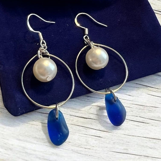 Statement Seaham Sea Glass and Glass Pearl Earrings