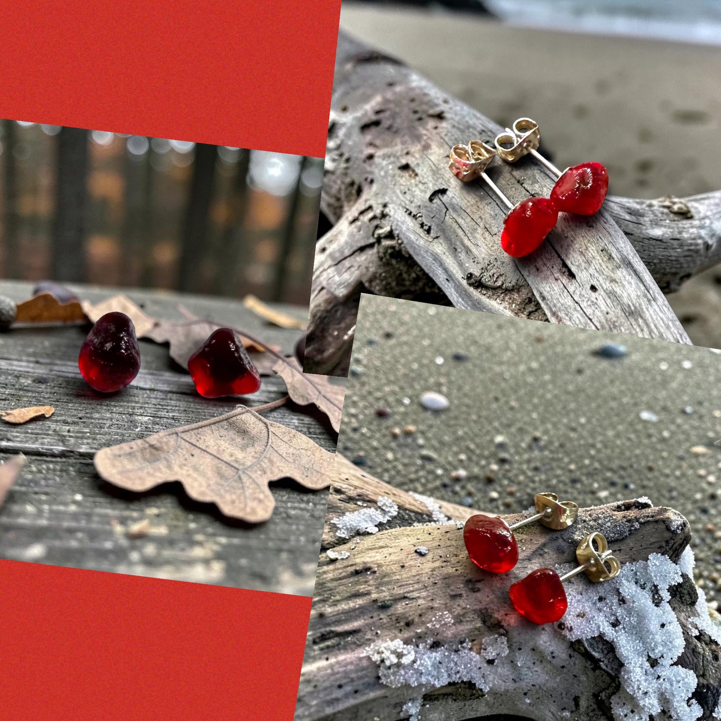 Rare Red Seaham Sea Glass Stud Earrings