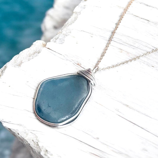 Large Dusky Blue Seaham Sea Glass Pendant