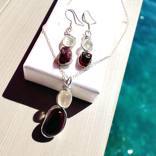 Burgundy Red and White Seaham Sea Glass Jewellery Set