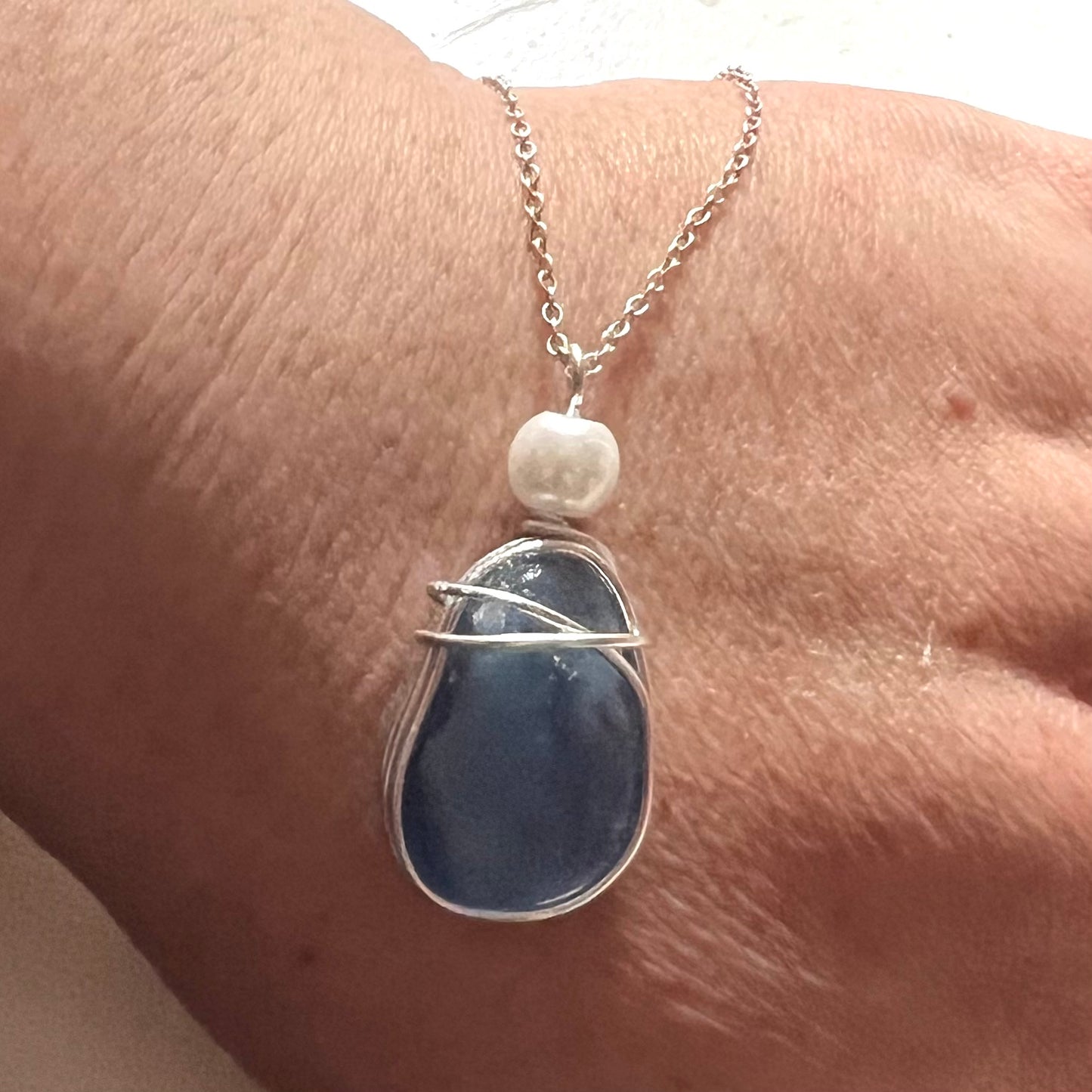 Large Dusky Blue Seaham Sea Glass Pendant