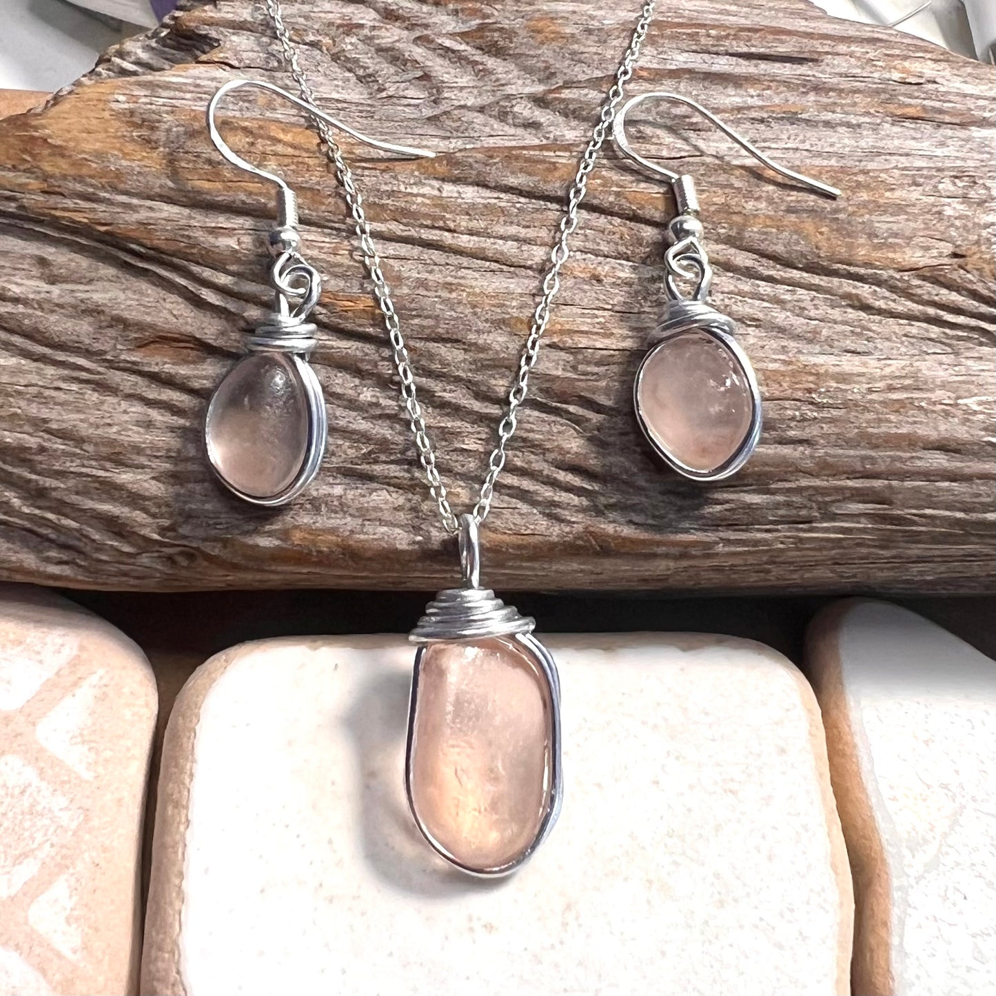 Pale Peach Pink Seaham Sea Glass Jewellery Set