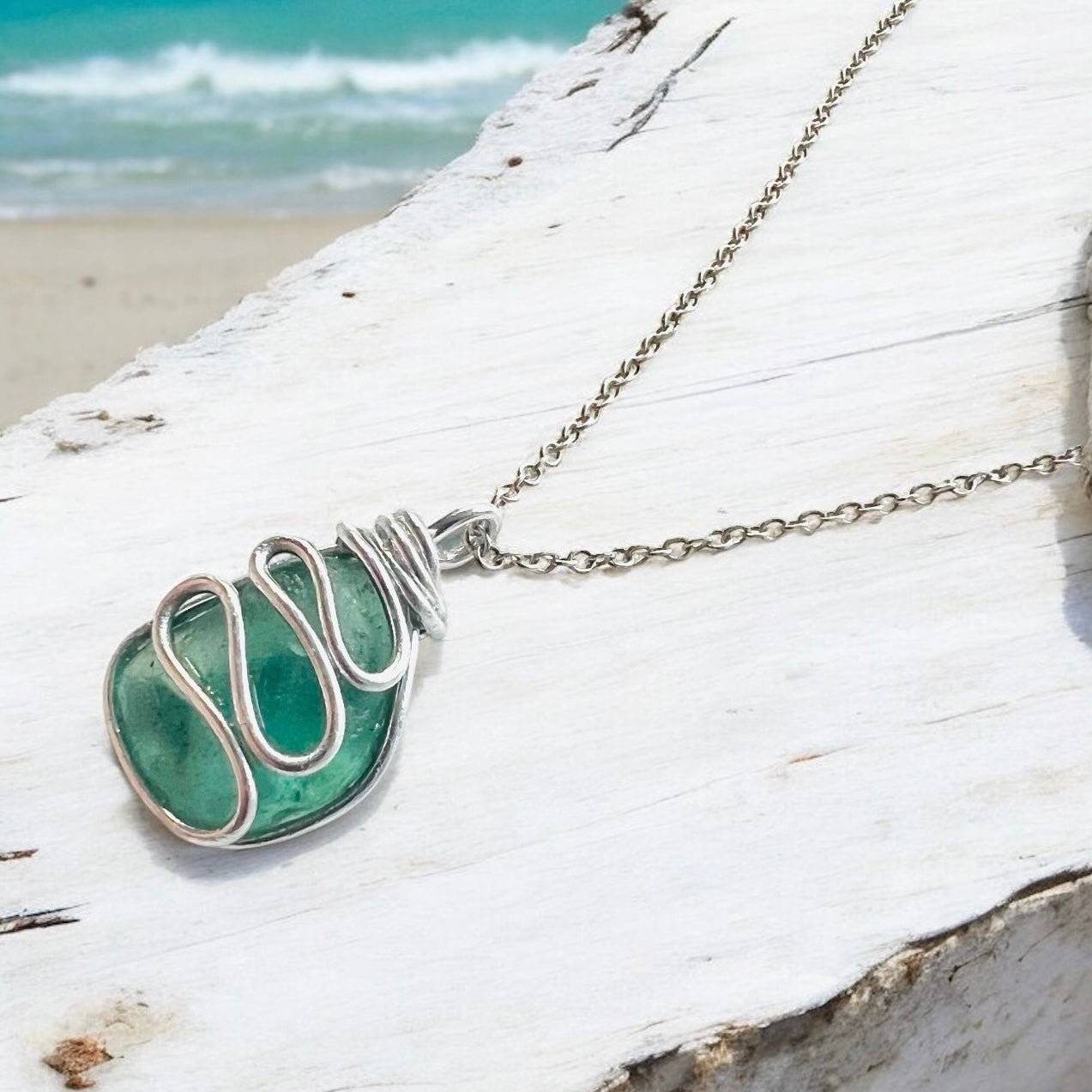 Chunky Turquoise Seaham Sea Glass Waves Pendant
