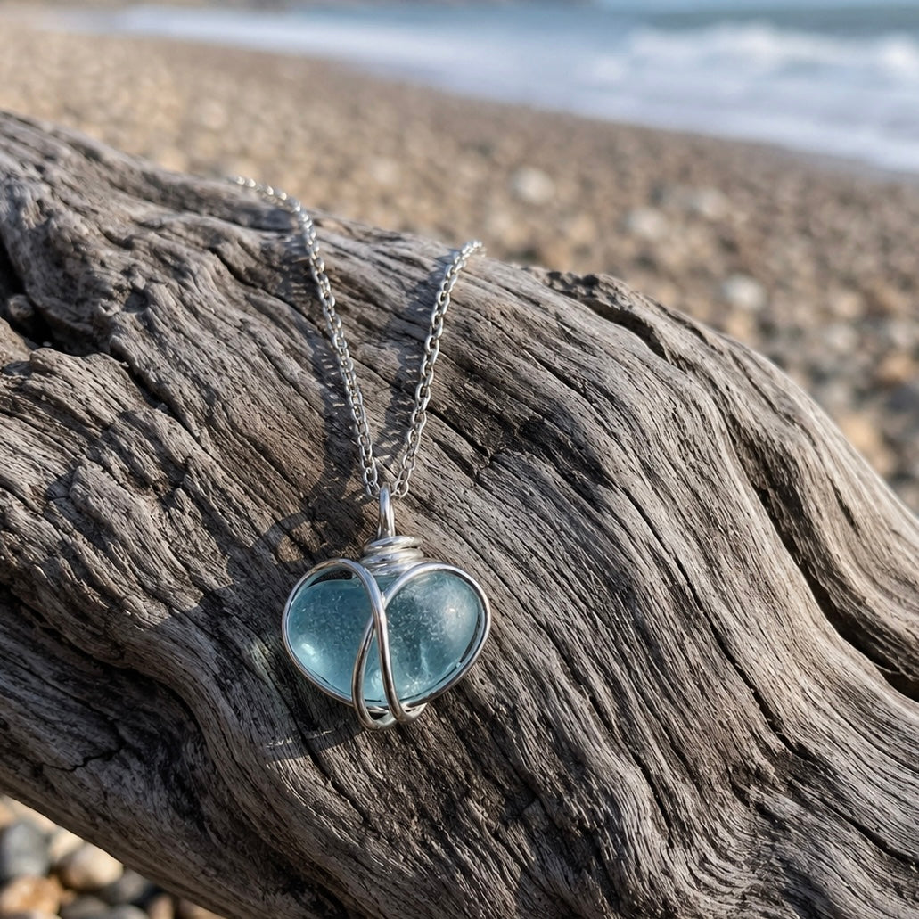 Bright Blue Heart Sea Glass Pendant