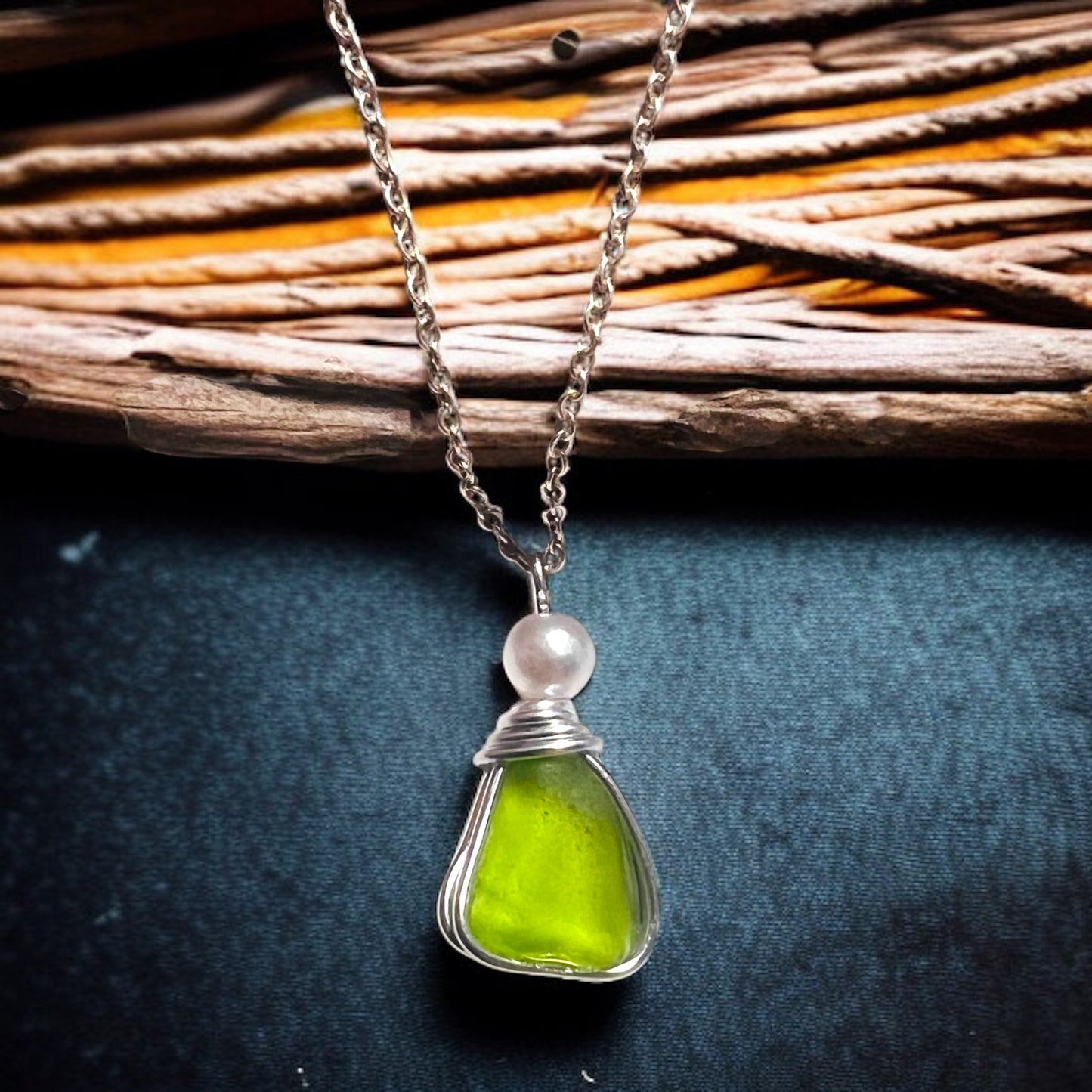 Rare Neon Bright Lime Green Seaham Sea Glass Pendant