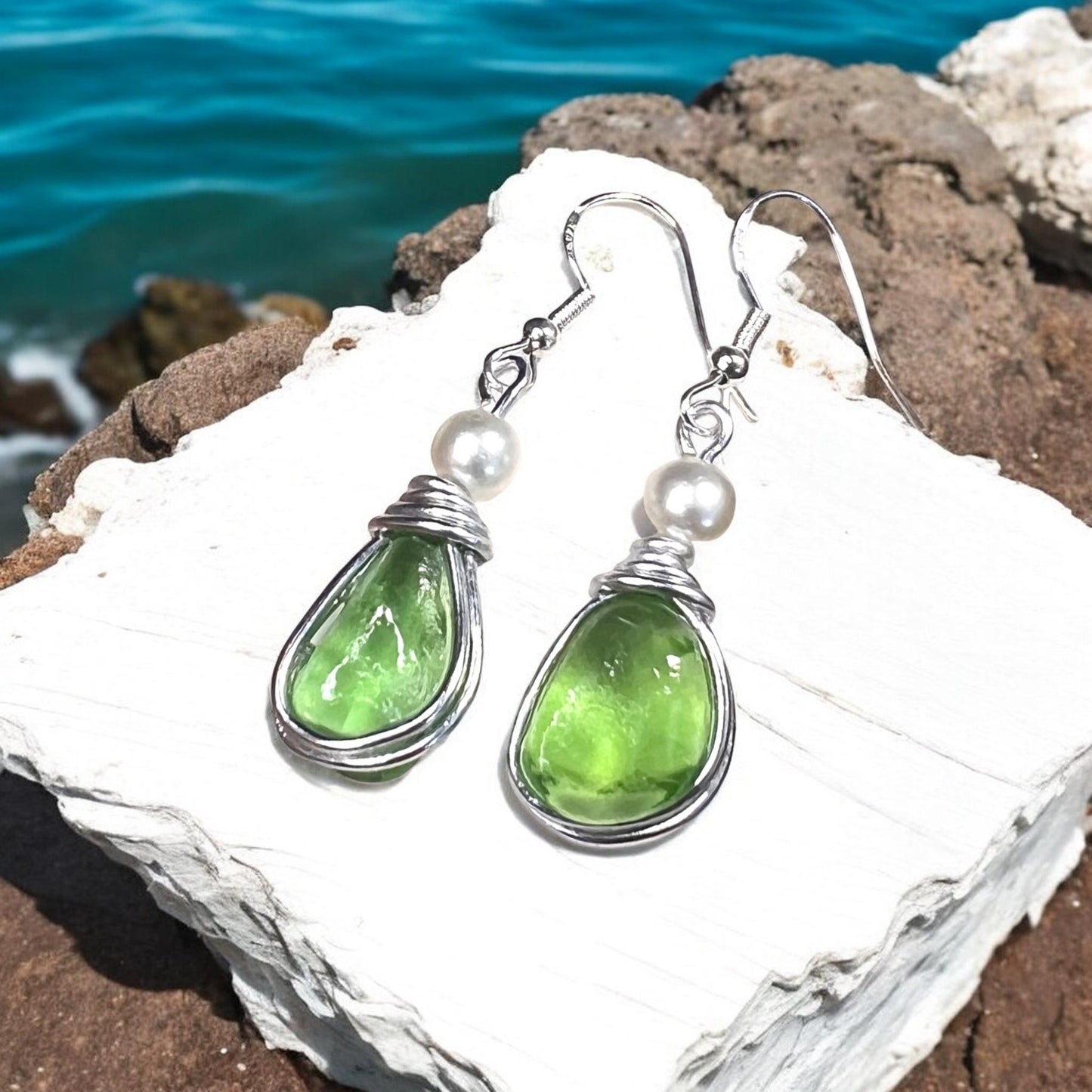 Bright Green Seaham Sea Glass Earrings