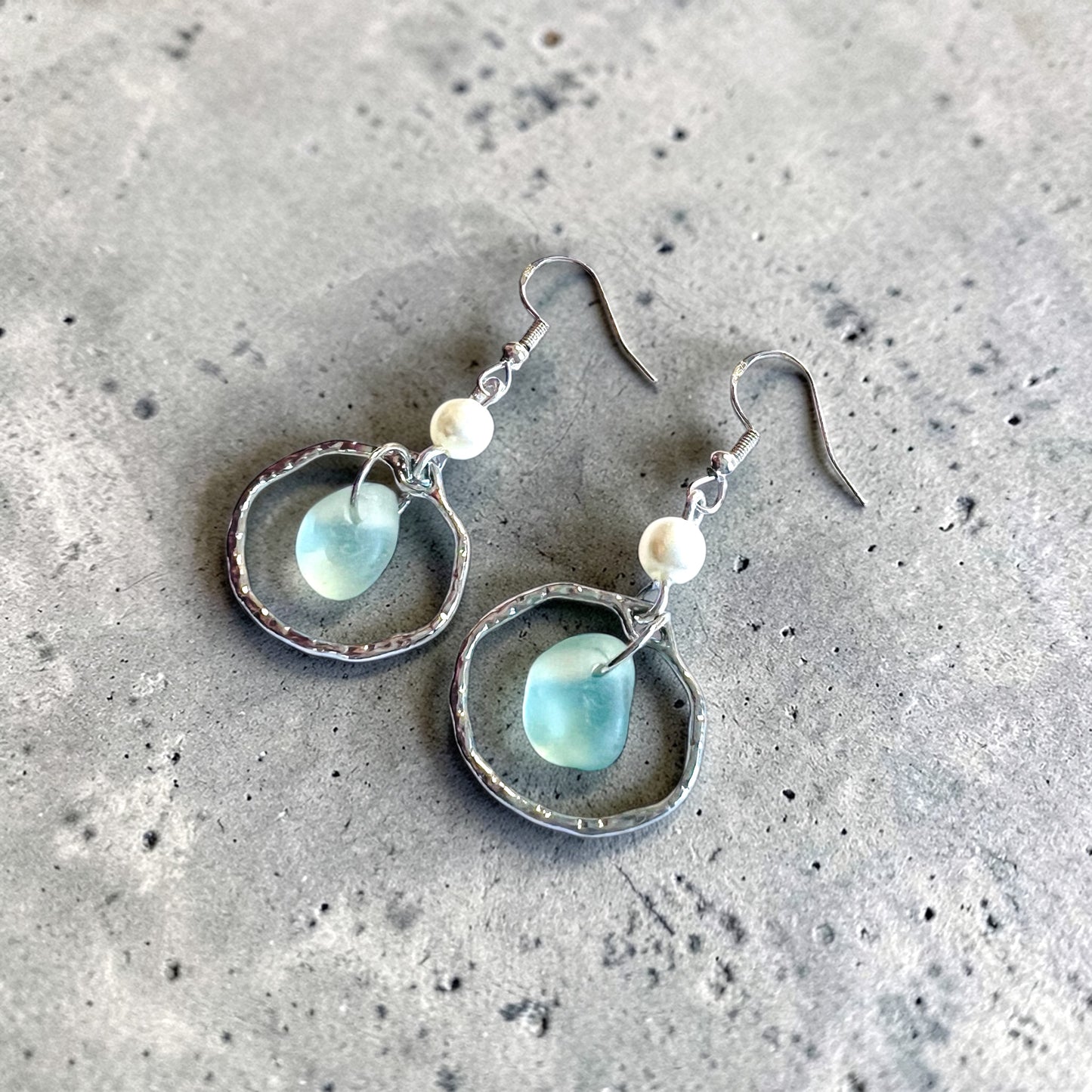 Aqua Sea Glass Frame & Pearl Earrings