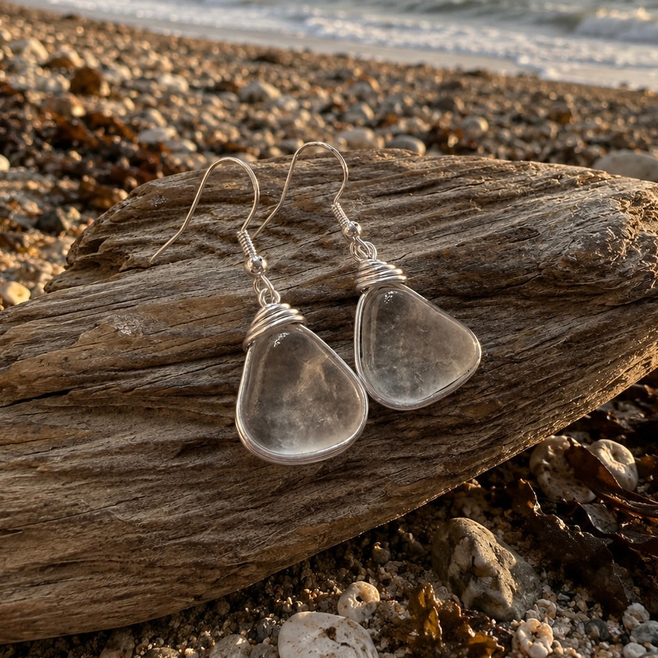 Large White Seaham Sea Glass Earrings
