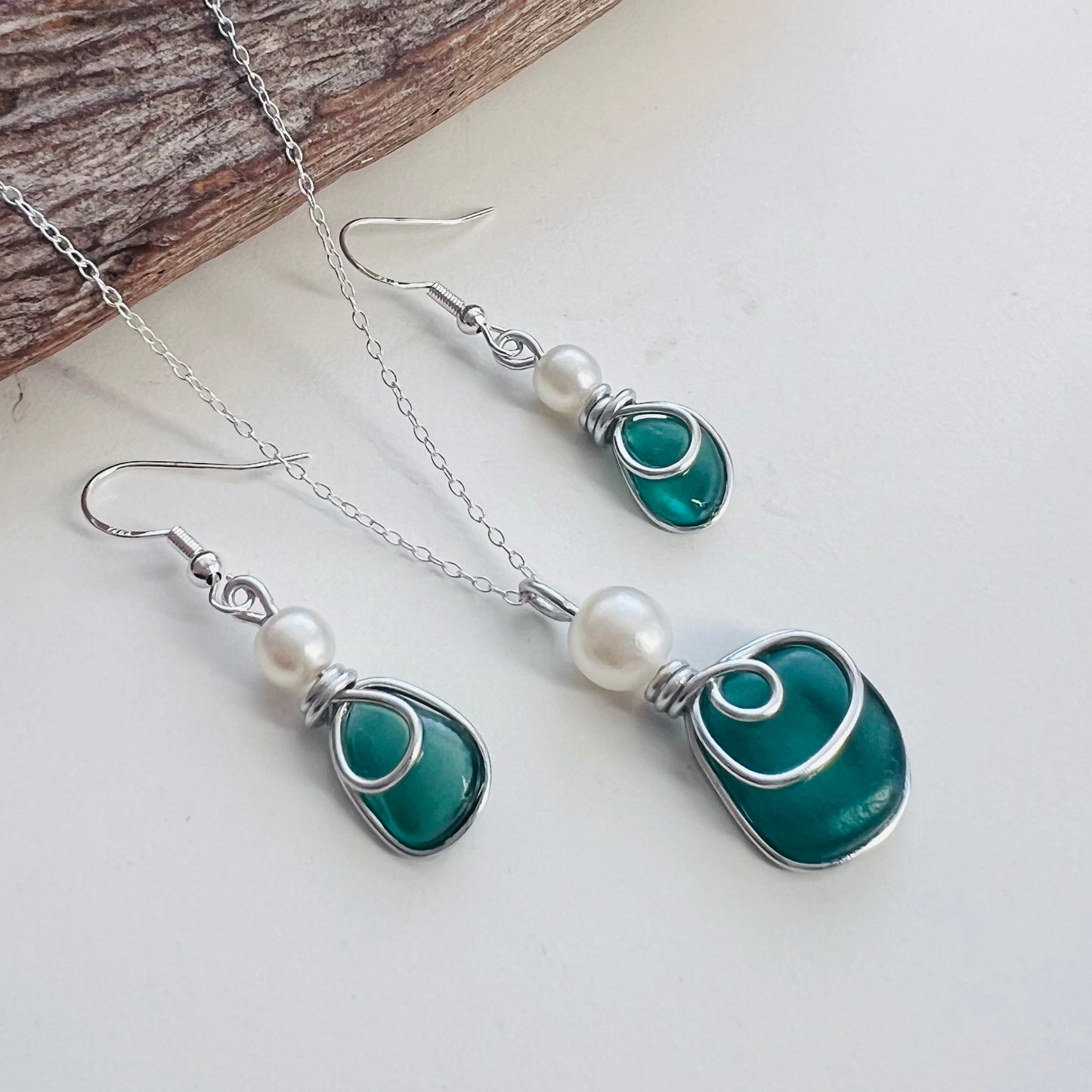 Turquoise Green Seaham Sea Glass Jewellery Set