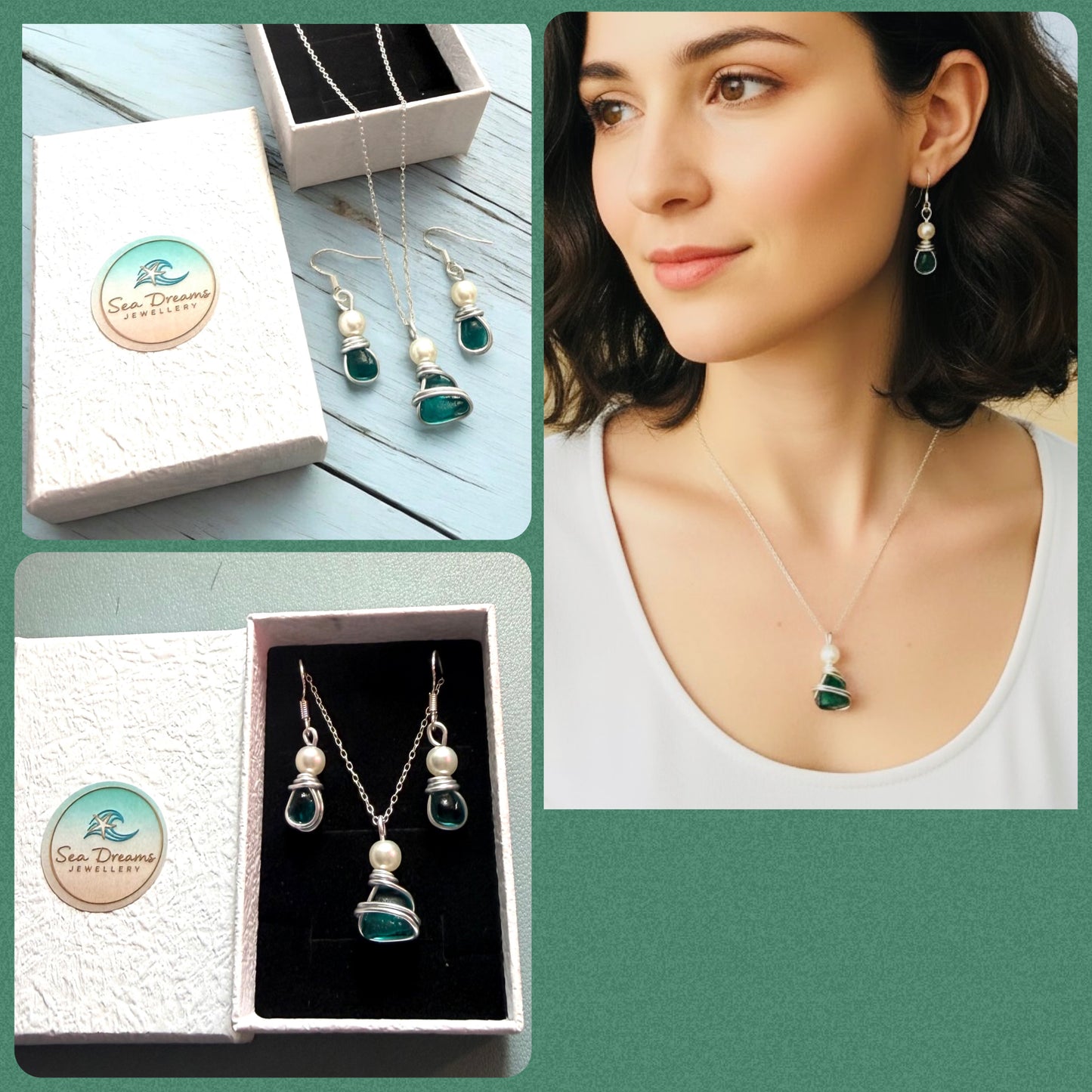 Turquoise Green Seaham Sea Glass Jewellery Set