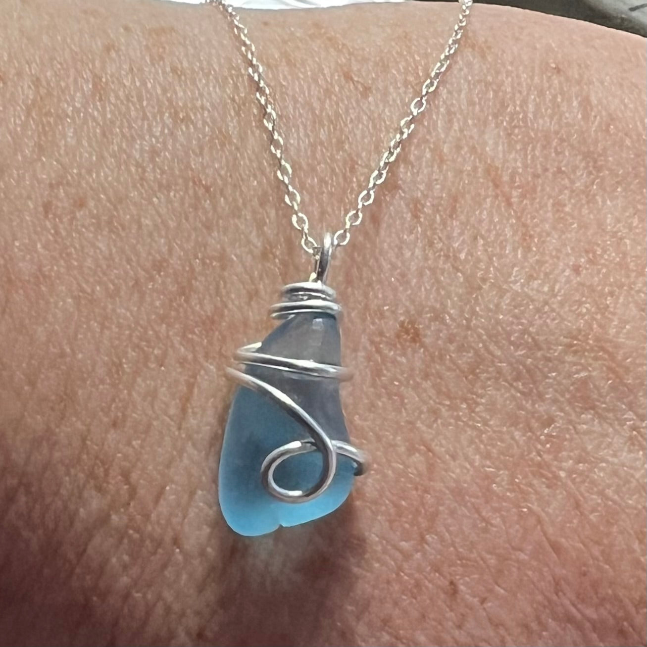 Rare Pale Bright Blue Seaham Sea Glass Pendant
