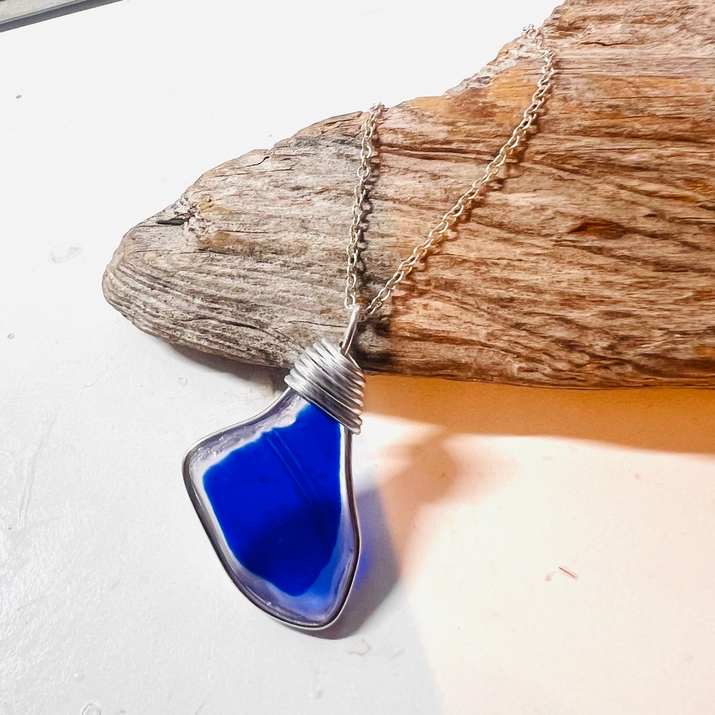 Canary Island Large Blue and White Sea Glass Pendant
