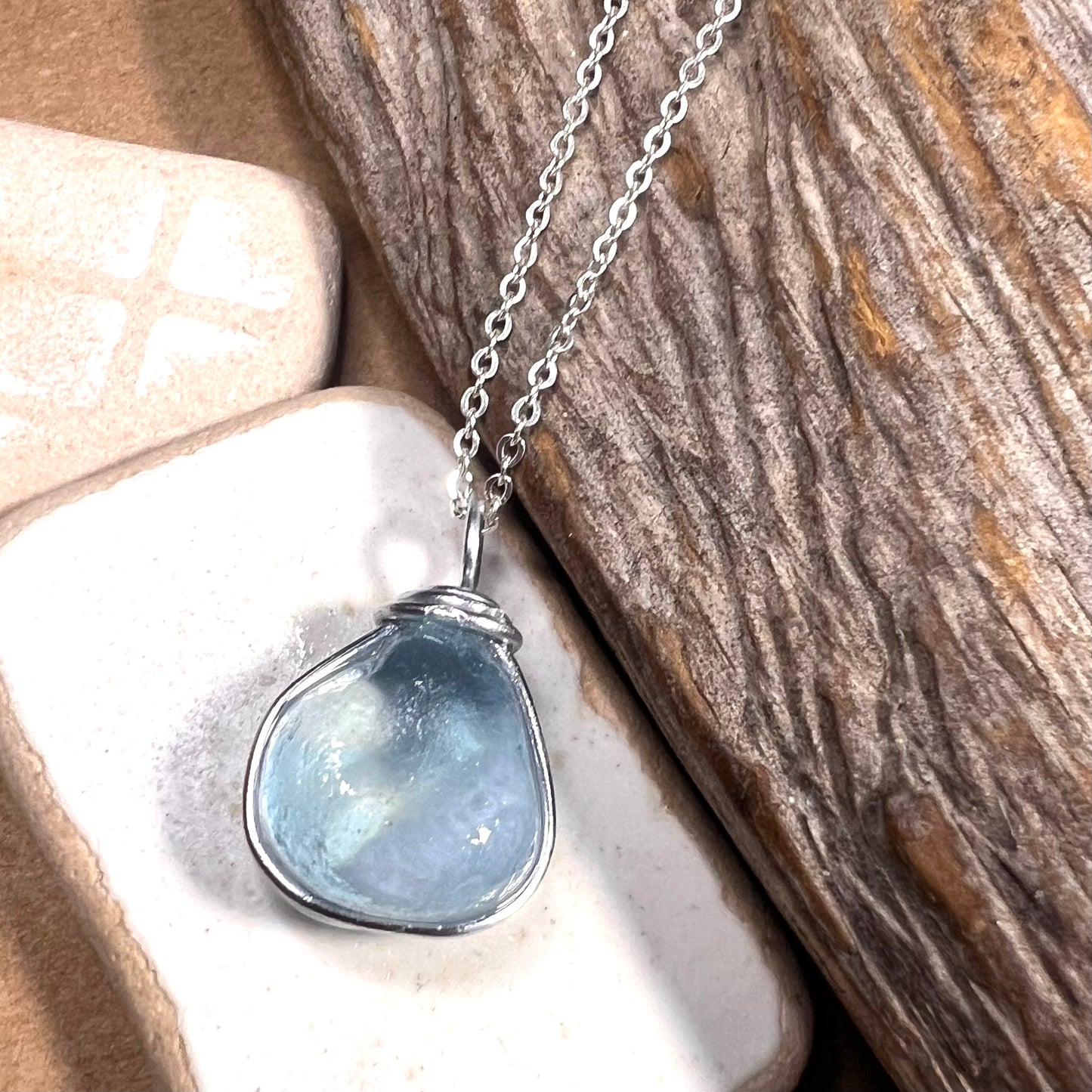 Chunky Pale Blue Seaham Sea Glass Pendant