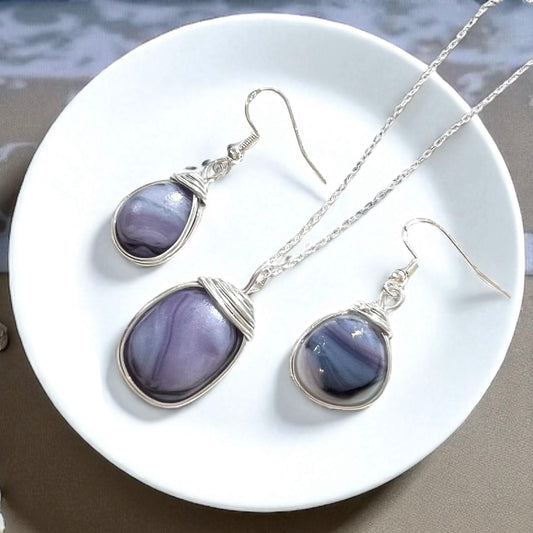 Lilac Purple Milky Sea Glass Multi Tone Jewellery Set