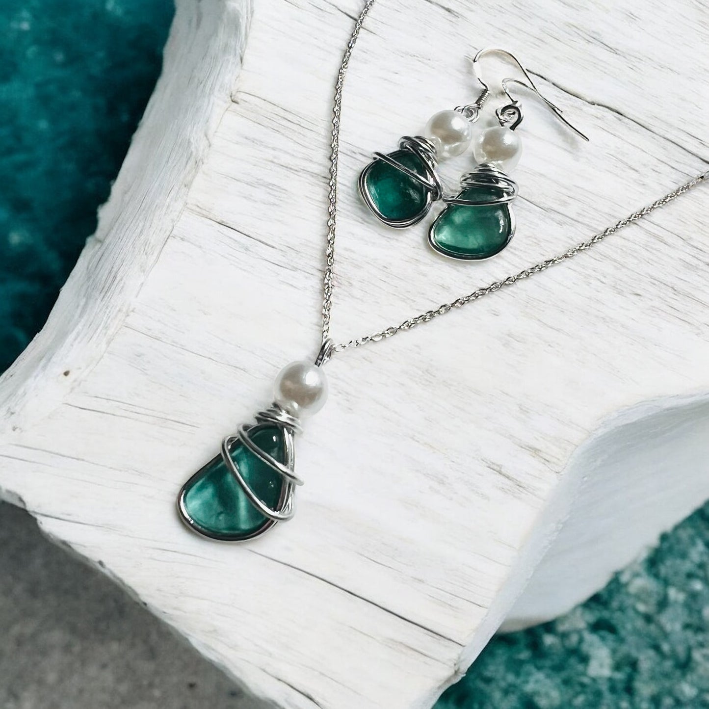 Dusky Turquoise Green Seaham Sea Glass Jewellery Set