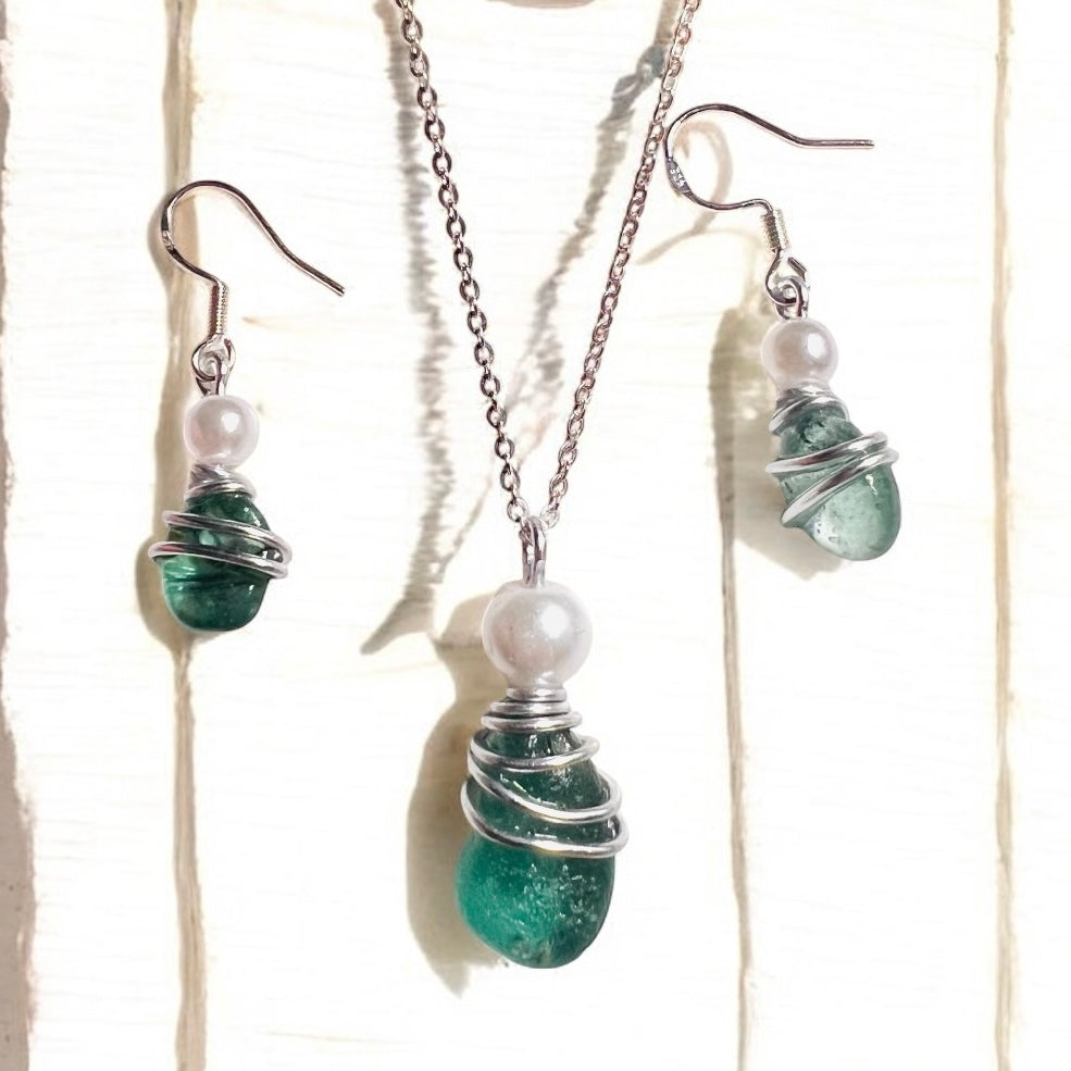 Turquoise Green Seaham Sea Glass Jewellery Set