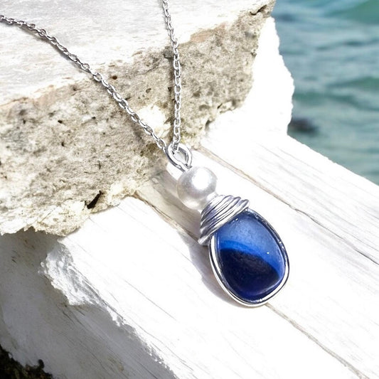 Seaham Sea Glass Multi Tone Blues  Pendant
