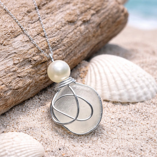 White Sea Glass & Glass Pearl Pendant