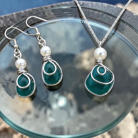 Turquoise Green Seaham Sea Glass Jewellery Set