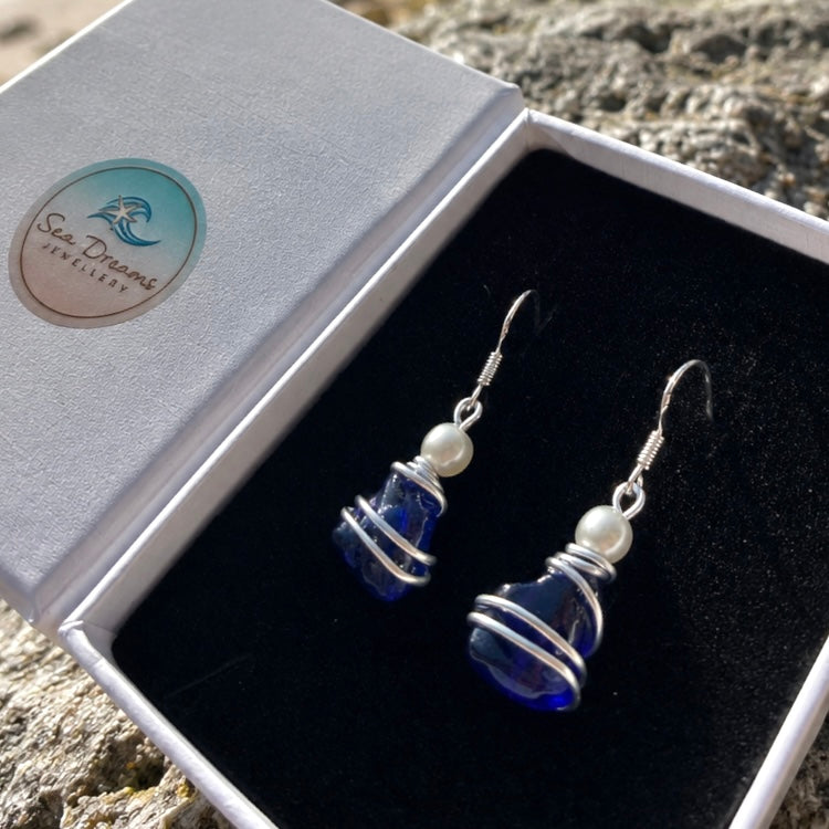 Deep Kent Blue Sea Glass Stud Earrings