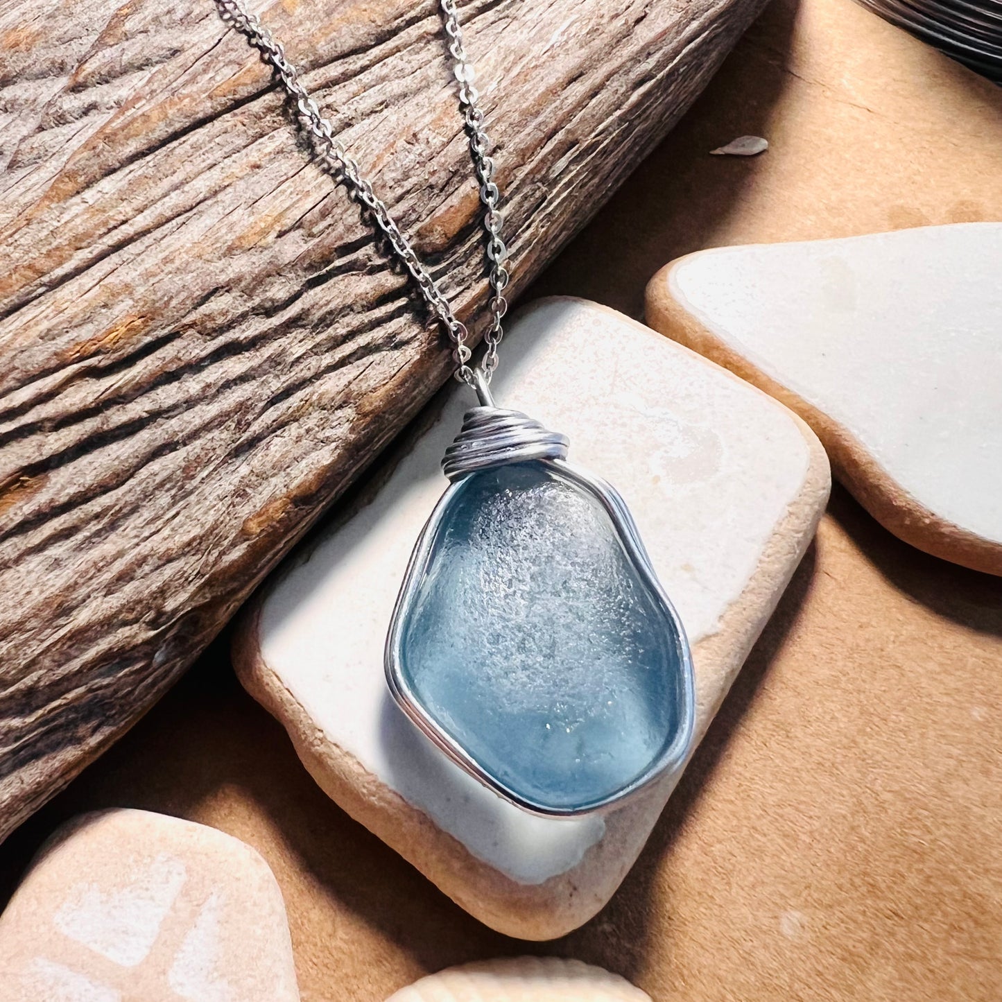 Large Dusky Blue Seaham Sea Glass Pendant