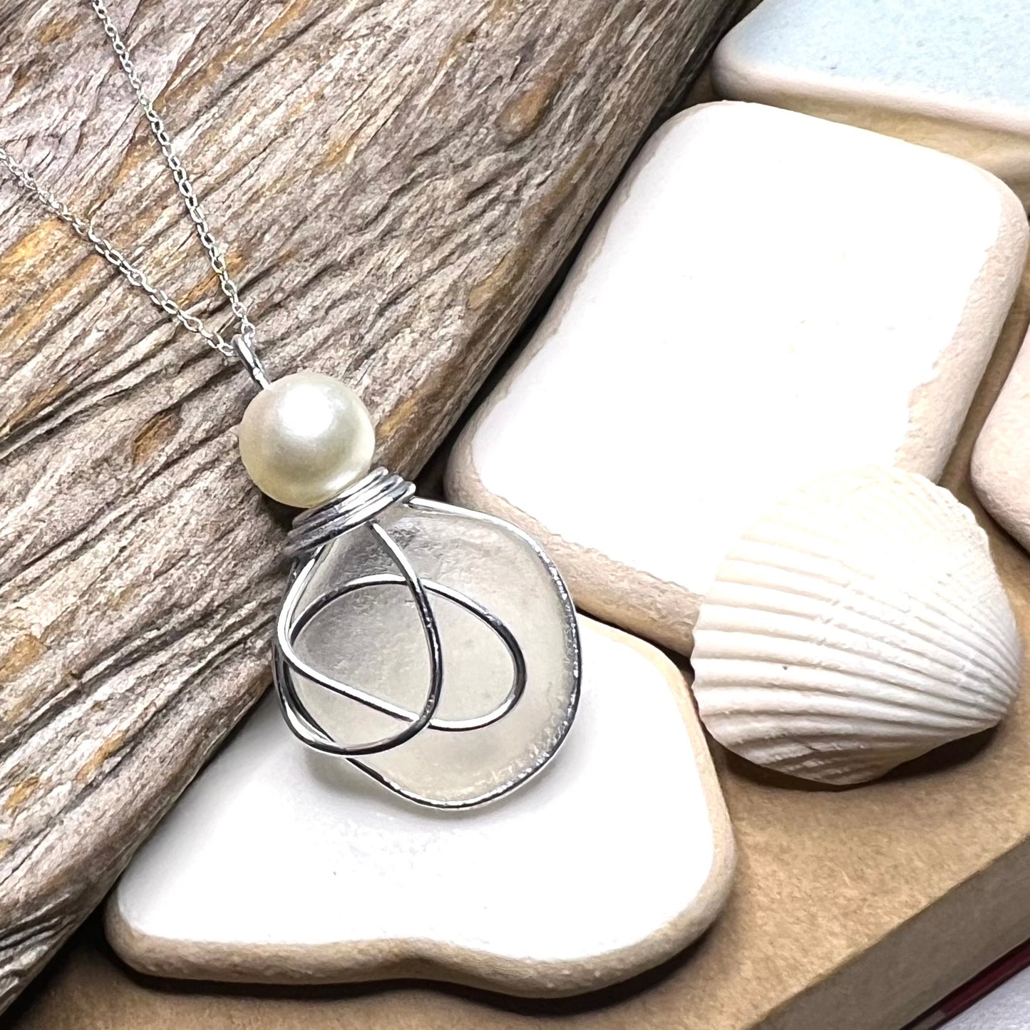 White Sea Glass & Glass Pearl Pendant