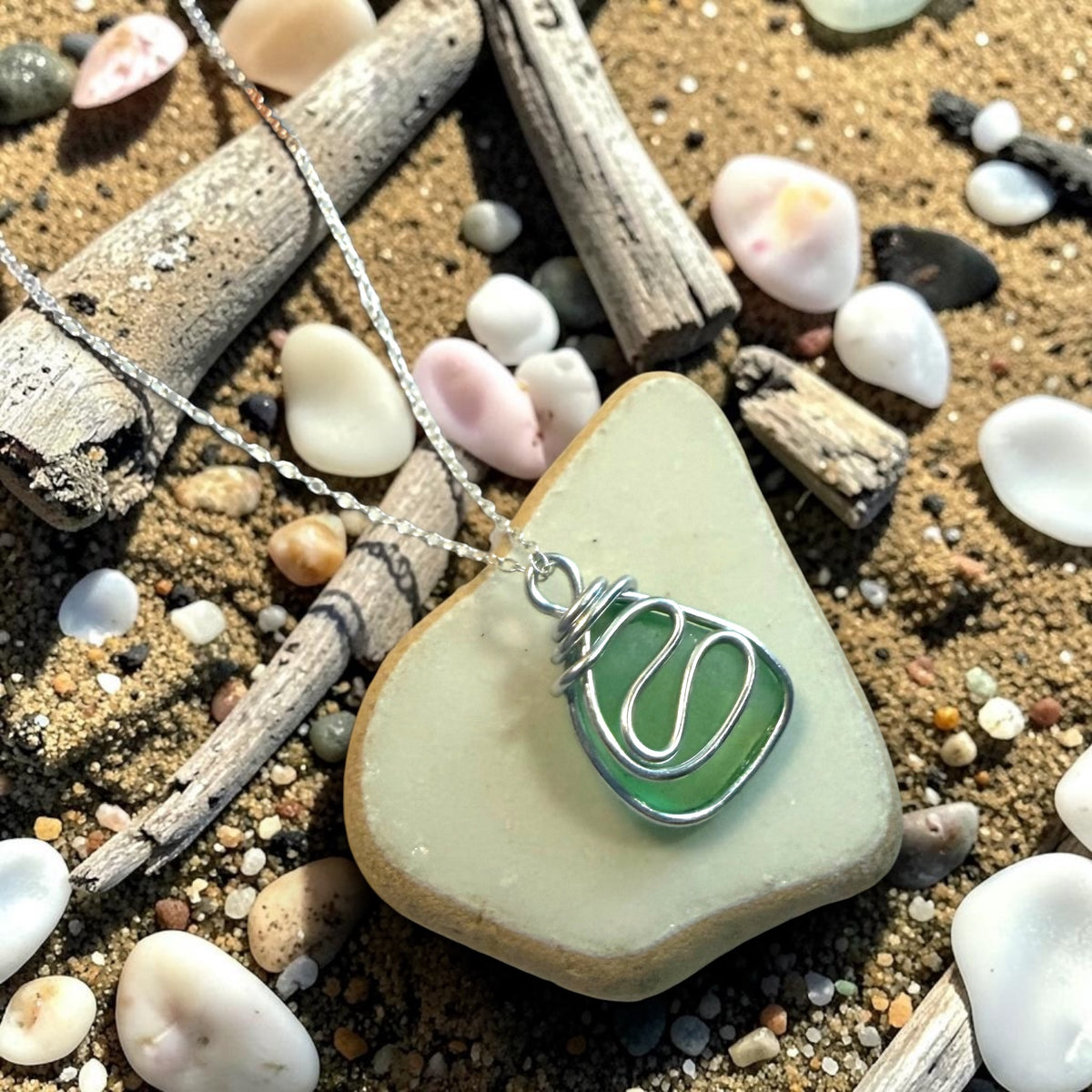 Pale Green Seaham Sea Glass Waves Pendant