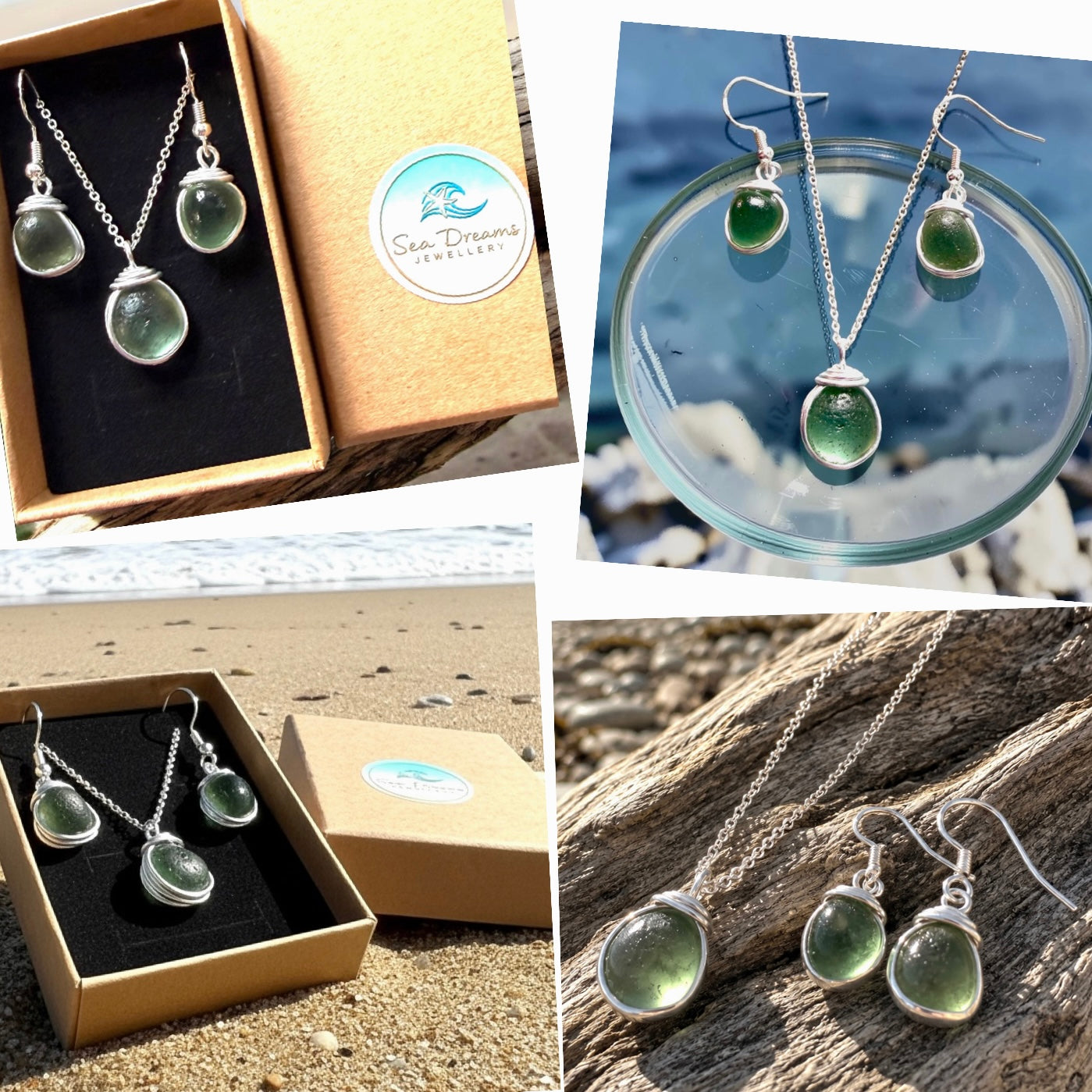 Pale Green Seaham Sea Glass Jewellery Set